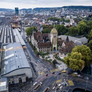 Drone photo aerial view of Zurich city